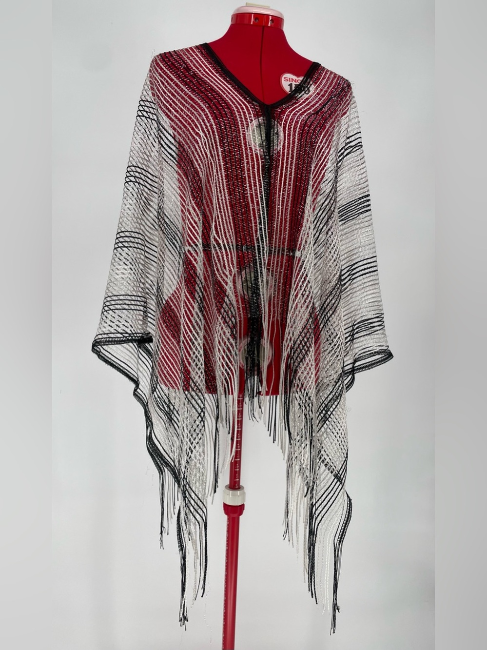 Black & Silver Sheer Metallic Striped Poncho  Shawl Fringe Trim Asymmetrical Hem
